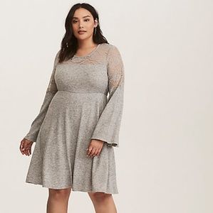 Grey Bell Sleeve Lace Inset Woven Skater